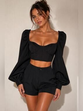 Naked Wardrobe Black Puff Sleeve Crop Top | Square Neck Statement Sleeve Small